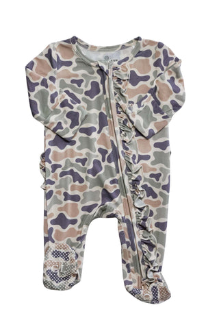 Ruffle Bamboo Zipper Footie | Camo Cutie