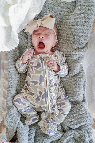 Ruffle Bamboo Zipper Footie | Camo Cutie