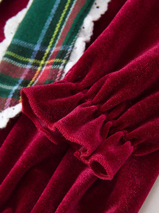 Girls Christmas Burgundy Velvet Plaid Bow Dress