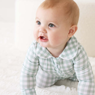 CADEN LANE - PETER PAN COLLAR ZIPPER FOOTIE: Moss Gingham