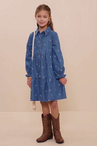 Girls Bow Printed Buttoned Denim Dress