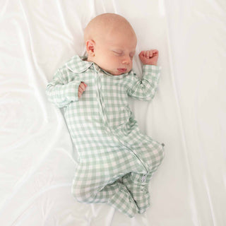 CADEN LANE - PETER PAN COLLAR ZIPPER FOOTIE: Moss Gingham