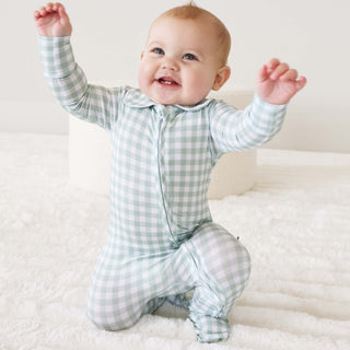 CADEN LANE - PETER PAN COLLAR ZIPPER FOOTIE: Moss Gingham