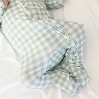 CADEN LANE - PETER PAN COLLAR ZIPPER FOOTIE: Moss Gingham