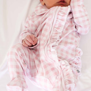 CADEN LANE - PETER PAN COLLAR RUFFLE ZIPPER FOOTIE | ROSY GINGHAM