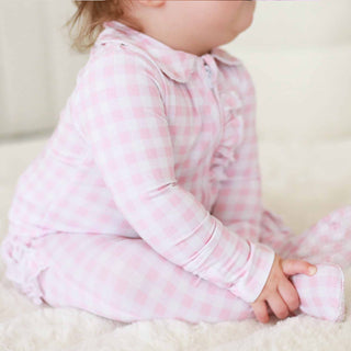 CADEN LANE - PETER PAN COLLAR RUFFLE ZIPPER FOOTIE | ROSY GINGHAM