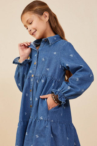 Girls Bow Printed Buttoned Denim Dress