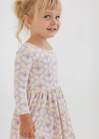 Good Apples Kids - 3/4 Sleeve Twirl Dress in Pale Purple Petals
