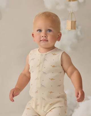 Quincy Mae Ribbed Henley Romper Dinos