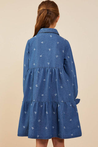 Girls Bow Printed Buttoned Denim Dress