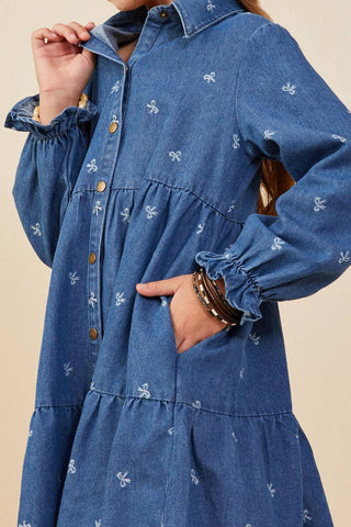 Girls Bow Printed Buttoned Denim Dress