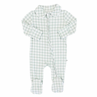 CADEN LANE - PETER PAN COLLAR ZIPPER FOOTIE: Moss Gingham