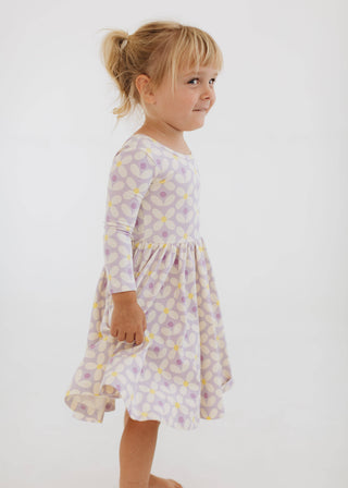 Good Apples Kids - 3/4 Sleeve Twirl Dress in Pale Purple Petals