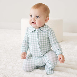 CADEN LANE - PETER PAN COLLAR ZIPPER FOOTIE: Moss Gingham