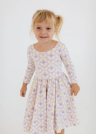 Good Apples Kids - 3/4 Sleeve Twirl Dress in Pale Purple Petals