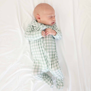 CADEN LANE - PETER PAN COLLAR ZIPPER FOOTIE: Moss Gingham