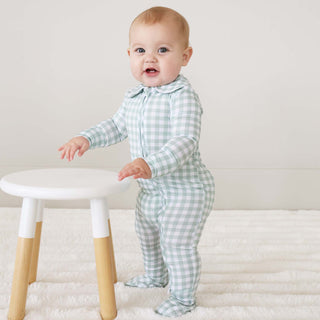 CADEN LANE - PETER PAN COLLAR ZIPPER FOOTIE: Moss Gingham