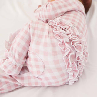 CADEN LANE - PETER PAN COLLAR RUFFLE ZIPPER FOOTIE | ROSY GINGHAM