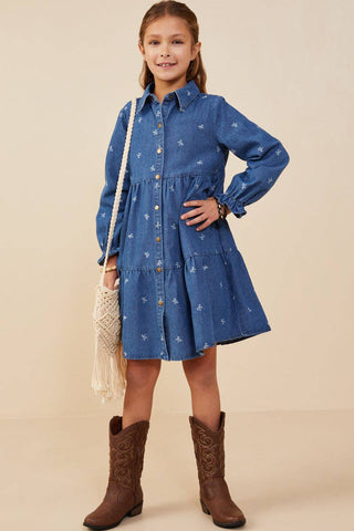 Girls Bow Printed Buttoned Denim Dress