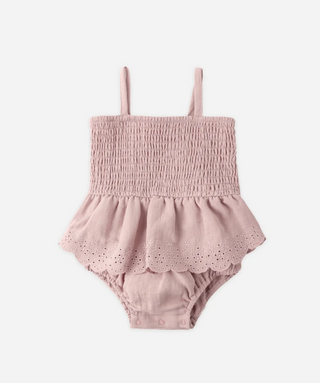QUINCY MAE SMOCKED SKIRTED ROMPER MAUVE